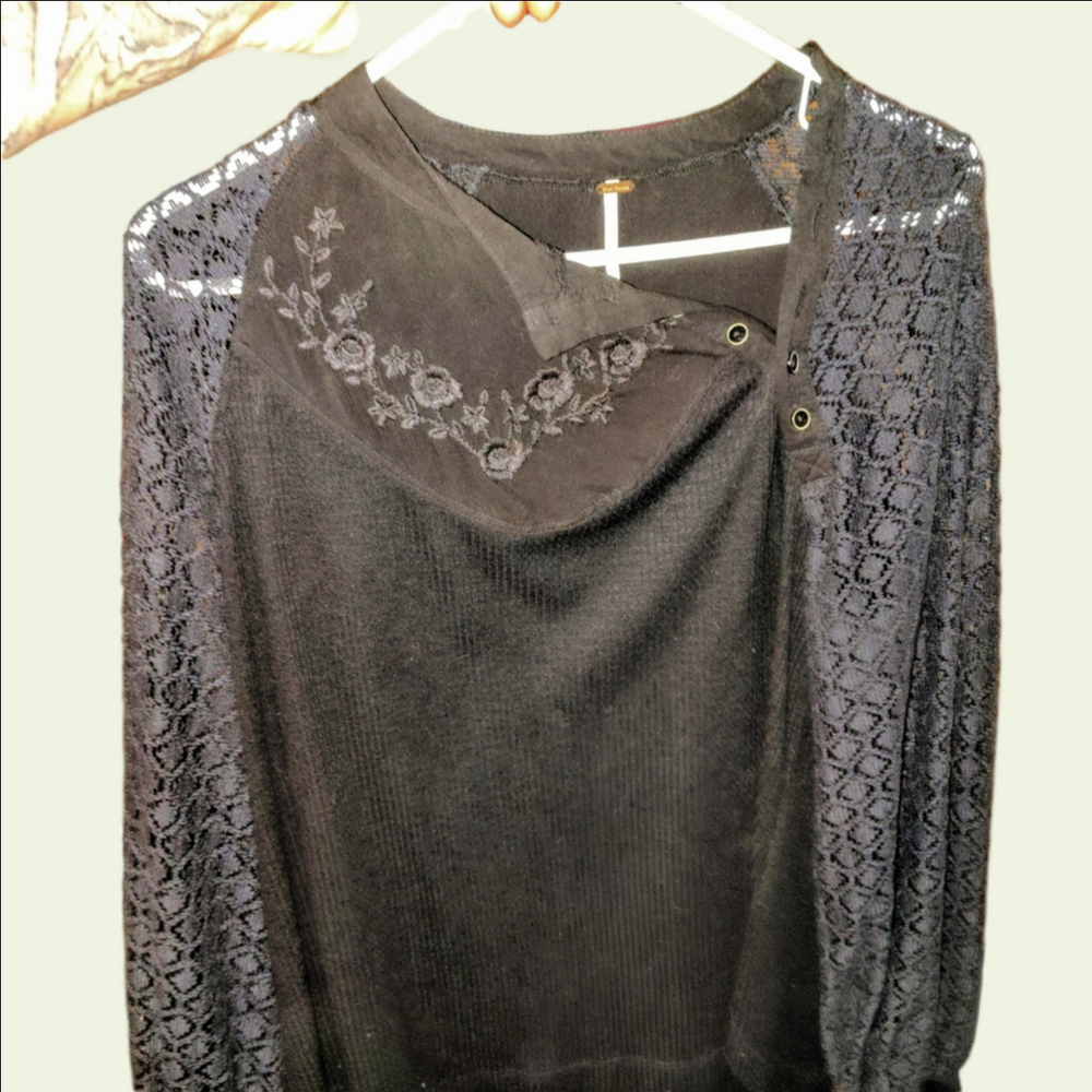 Free People Black Knit Top with Contrast Tag Detail